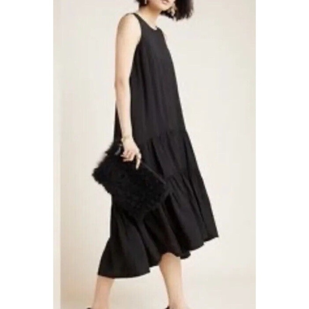Anthropologie Maeve Marlene Tiered Dress Pocket Lined Sleeveless Black Size Lrg